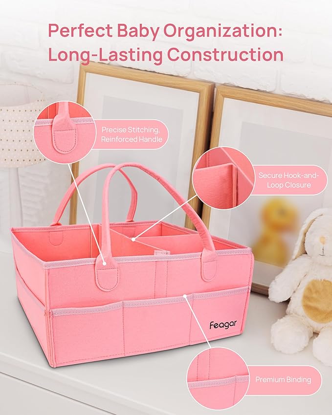 Feagar Baby Diaper Caddy Organizer, 15 Inch Large 2 Pack Set with 8 Pockets & 2 Dividers, Portable Nursery Storage Basket & Car Organizer for Changing Table, Travel (Pink)