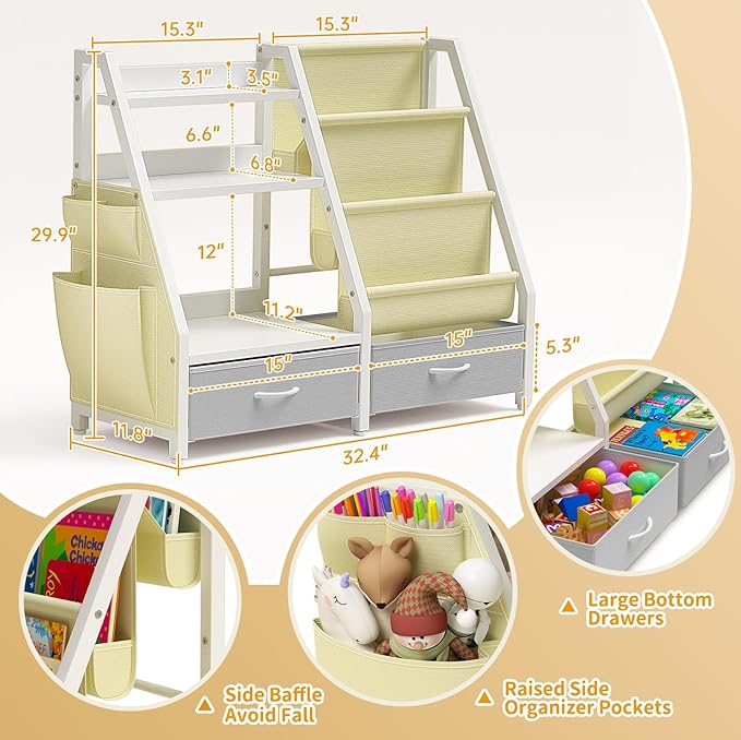 Kids Bookshelf and Toy Organizer, Sturdy 3 Tier Kid Bookcase, Sling Bookshelf and 2 Toy Bins, Toddler Montessori Book Shelf with Toy Storage Organizer for Children Room, Playroom, Nursery