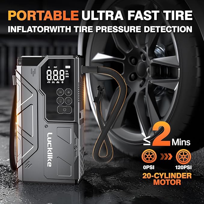 Lucklike W210 Jump Starter with Air Compressor 150 PSI, 12V 6000A Peak Lithium Car Battery Jump Starter for All Gas and 10.0L Diesel, 80.66Wh Booster Jump Box Pack with LED Light, Jumper Cables