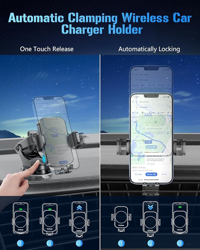 Wireless Car Charger, Fast Charging Phone Holder 3 in 1 Phone Mount Auto Clamping Car Accessories Compatible with iPhone 17 16 15 14 13 12 11 Xs XR, Samsung S23 Ultra S22 S21 S20/S10+ S9+ Note 9