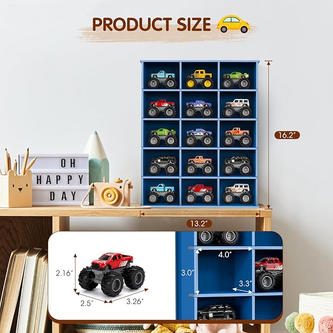 Trucks Display Shelf, 15 Slot Toy Cars Display Case, Wall Mounted Toy Truck Storage Organizer Holder, Blue
