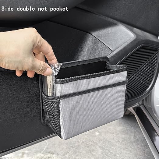Car Trash Can, Foldable Multifunctional Hanging Storage Box Trash Can with a Roll of Garbage Bag, Multi Pocket Design Suitable for Car, Home and Office (Grey)
