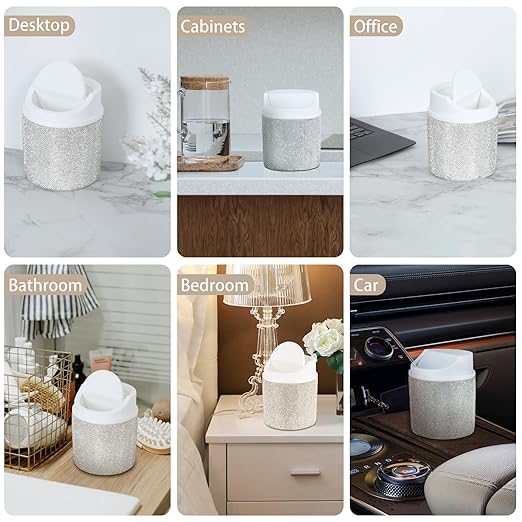 KEYPOWER Bling Rhinestone Mini Plastic Trash Can Cute Small Waste Can with Swing Lid,Suitable for Home Countertop,Car,Table Desk,Office (White)