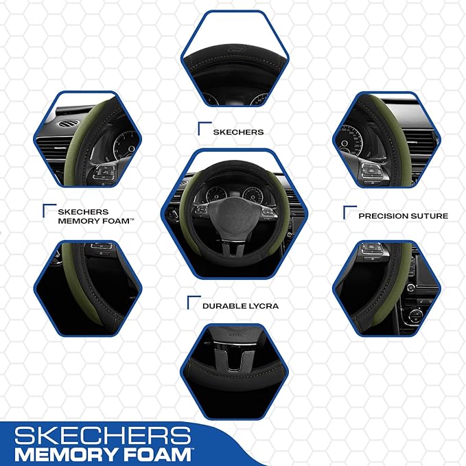 Skechers Steering Wheel Cover, Memory Foam Car Steering Wheel Cover,14.5-15inch Anti-Slip Safety Comfortable Desgin, Universal Accessory for Diverse Cars, Truck,SUV (Black & Olive)
