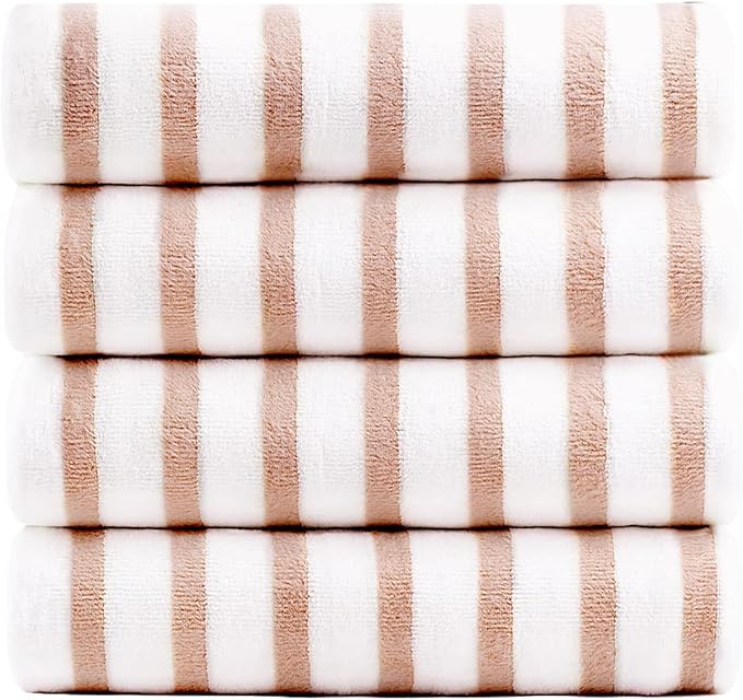 JML Beach Towels Set of 4, 30" x 60", Microfiber Bath Towel for Adult, Cabana Stripe, Absorbent, Quick Dry, Perfect for Salon, Hotel, Travel, Sport, Swimming, Yoga, Camping, Coffee