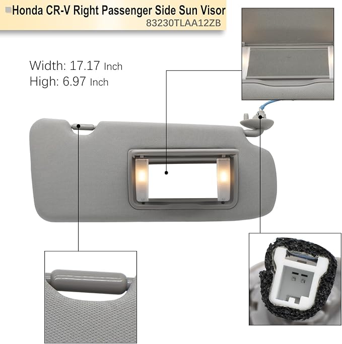 NHILES Passenger Right Side Sun Visor Compatible with Honda CRV 2017 2018 2019 2020 2021 2022 Sunshade Number 83230TLAA12ZB Color: Gray