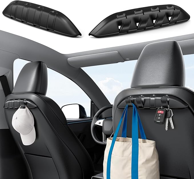 Wigoo 2PCS Foldable Hooks for Tesla Model3/Y 2017-2026 (Includes Tesla Model3 Highland/Model y Juniper), Purse Hook for Car, Seat Back Anti-Drop Organizer, 4 Hanger Each Organizer, Black 2-Pack