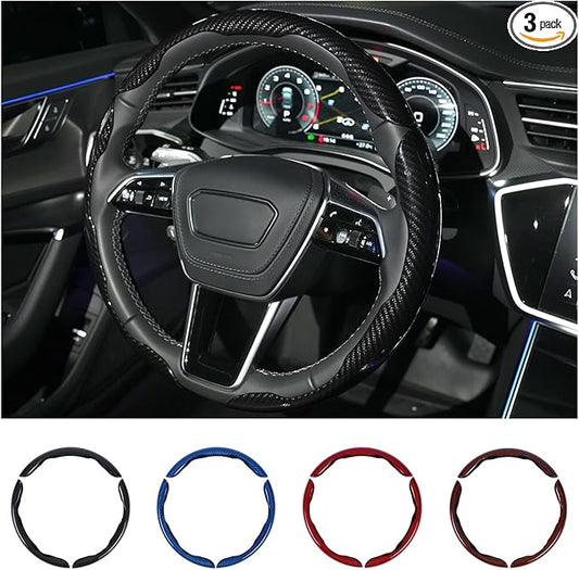 Hiseanllo Carbon Fiber Steering Wheel Cover 3PCS Set – Anti-Slip, Scratch-Resistant, Universal Fit for 14–16 Inch Wheels – Interior Car Accessories for Cars, SUVs, Trucks (Black)