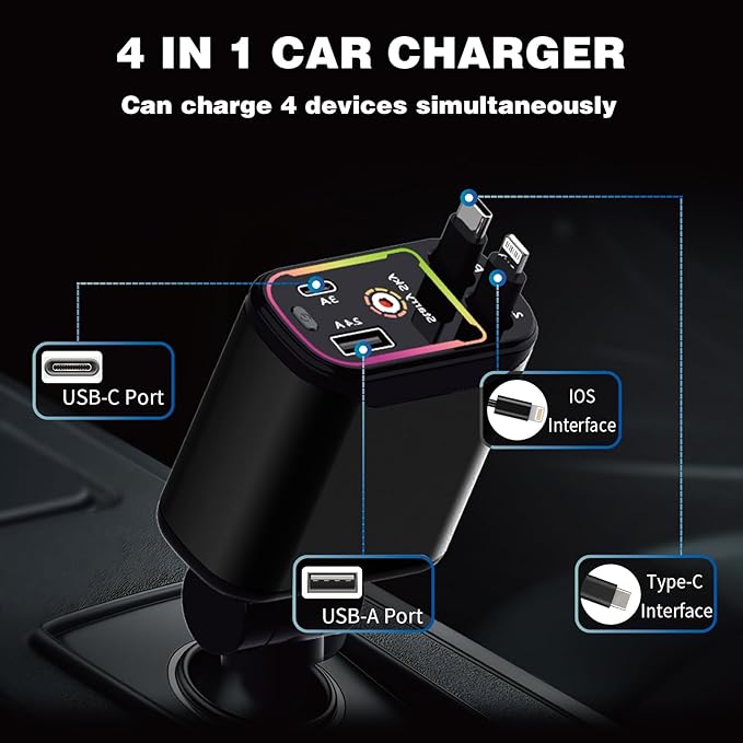 Starlight Retractable Car Charger,66W Fast Car Chargers Adapter 4 in 1 with 2 USB Car Chargers for Phone iPhone 16/15/14/13/12/11 and for Android - Black