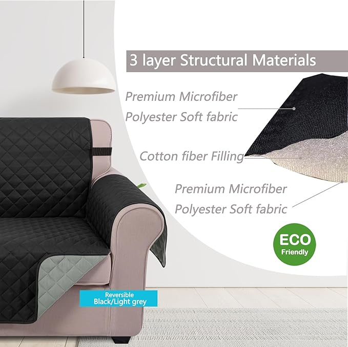 U-NICE HOME Recliner Chair Covers Reversible Chair Cover Pet Covers for Dogs with Elastic Straps Water Resistant Diamond Quilted (28''Recliner Oversized, Black/Grey)
