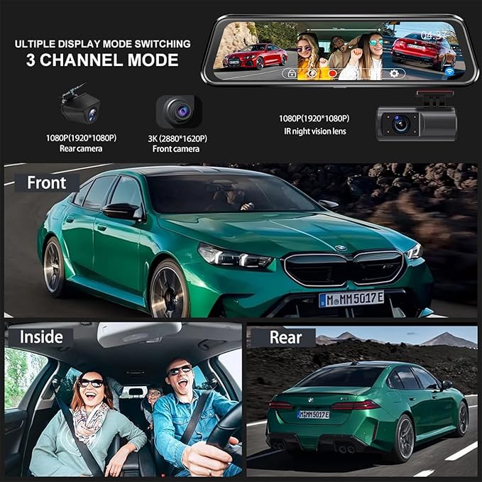 3 Channel Mirror Dash Cam with 4K+Inside 1080P+ 1080P 10 Inch Triple Rearview Mirror Camera, Night Vision, G-Sensor, Reverse Assist, Metal Backplate, Easy User Interface, High Temperature Resistant