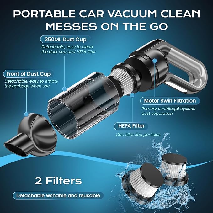 Handheld Vacuum Cordless, Portable Car Vacuum with LED Light,Rechargeable Small Vacuum Cleaner with Powerful Suction,Lightweight Vacuum Cleaner for Car Home Office Pet Hair,Black