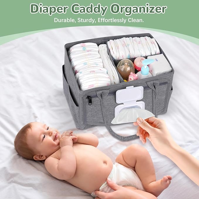 Diaper Caddy with Wipe Dispenser One-Handed Access, Premium Diaper Organizer, Portable Car Organizer Nursery Basket for Newborn Essentials, Baby Registry Must Haves for Boys & Girls,Grey