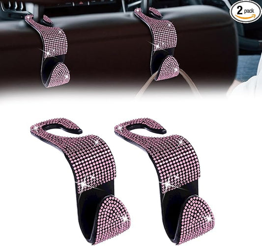 deemars 2 Pack Car Seat Headrest Hook, Bling Car Hooks Front Seat, Back Seat Organizer Hanger Storage Hook Car Purse Hook for Bags, Clothes, Coats, Grocery Bags (Pink)