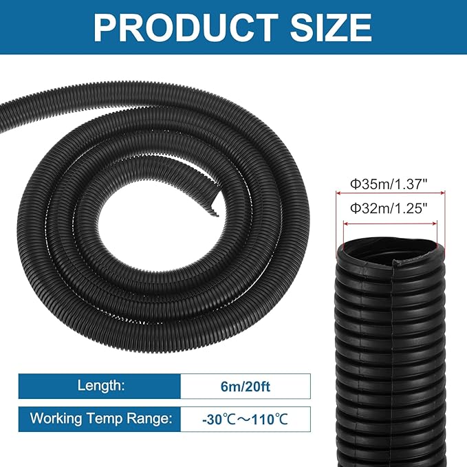 MECCANIXITY 1 1/4 Inch 20ft Split Wire Loom Tubing, Flexible Cord Protectors with Installation Tool Cable Management Sleeve Conduits Cover for Office Home Electrical Automotive Wires, Black