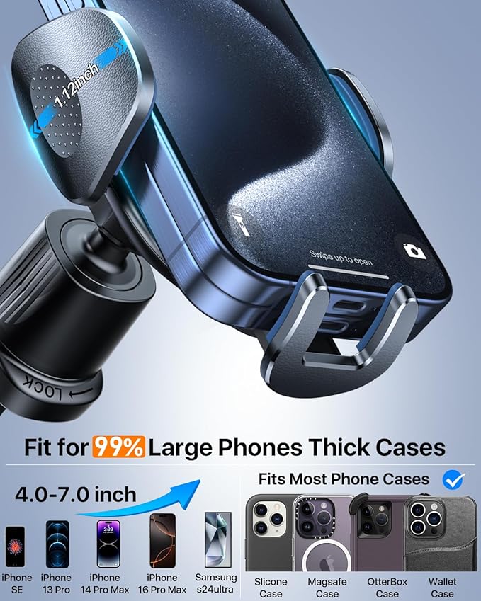 YRU Phone Holders for Your Car [2026 Upgraded Military Metal Hook], Cellphone Holder Car[No Fear of Bumps] Vent Phone Mount Truck Compatible with iPhone17 16 15 14 13 12 Samsung Android, Black