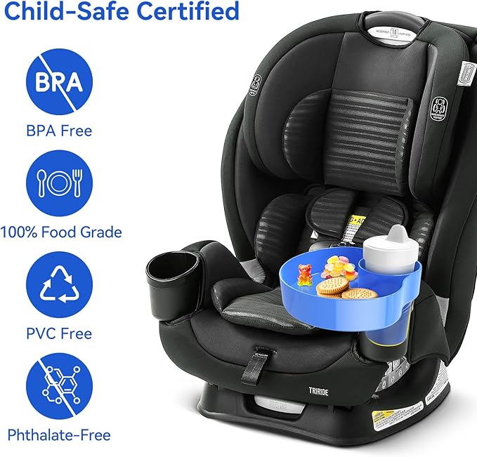 Kids Car Seat Cup Holder Snack Tray - Toddler Travel Essentials for Mess-Free Snacking on Road Trips, Travel Accessory Compatible with Safety Seats & Strollers Console, (Blue, 1 PACK)