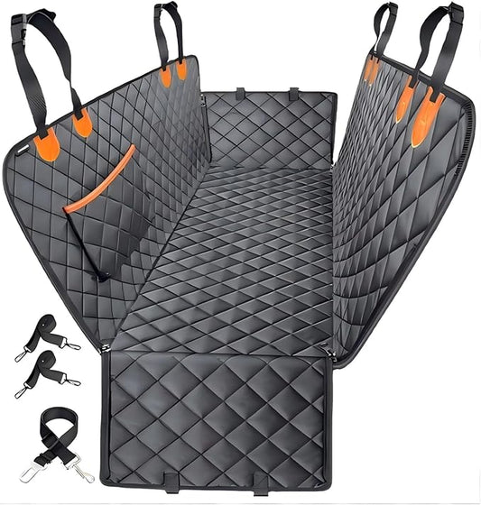 Jubily Dog Car Seat Cover for Back Seat, 100% Waterproof 600D Oxford Cloth Non-Slip Car Seat Protector, Universal Fit Pet Seat Cushion with Storage Pocket, Safety Ropes & Leash (Orange Pocket)