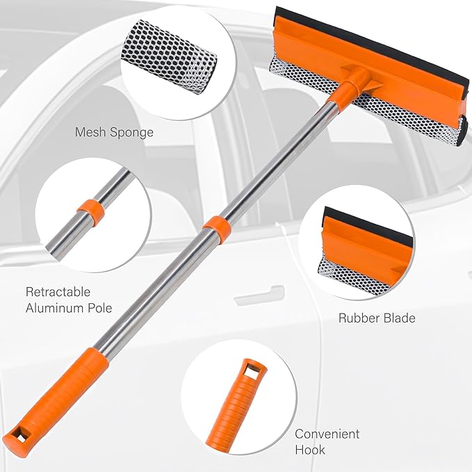Conliwell 2 in 1 Car Windshield Squeegees with 15.3"-23.6" Retractable Stainless Steel Handle, Auto Glass Wiper Kit, Supplies Suitable for Trucks, SUVs, RVs Window, Orange