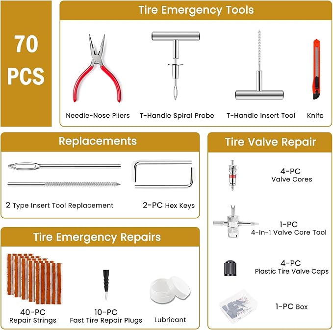 ORCISH Heavy Duty Tire Plug Kit - 70pcs All-in-One Universal Tire Repair Kit for Tubeless Flats, Emergency Tire Patch Kit for Car, Truck, SUV, ATV, Motorcycle, Trailer & RV