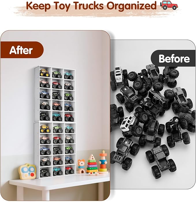 2 Pack Trucks Display Shelf, 15 Slot Toy Cars Display Case, Wall Mounted Toy Truck Storage Organizer Holder, White