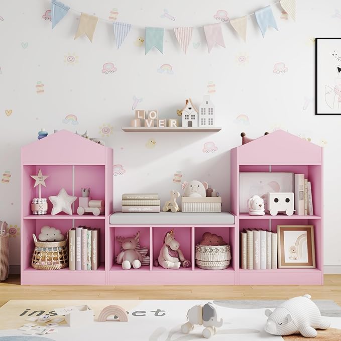 MHOM 68.9“ Kids Bookshelf with Reading Nook, Toy Storage Organizer with Seat Cushion and 7 Storage Cubbies, Wooden Kids Bookcase, Toy Organizers for Nursery, Playroom, Pink