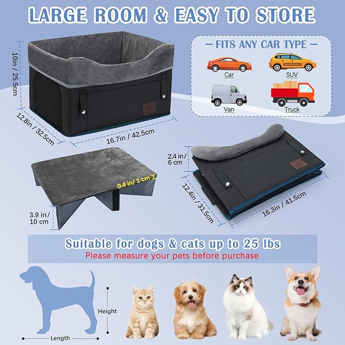 PetsHome Dog Car Seat for Small Dogs, Detachable Washable Pet Booster Seat with Storage Pocket, Breathable Mesh, Safety Leash, Adjustable Straps for Small Pets Up to 25lbs-Black