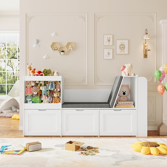 66.9" Kids Reading Nook, Toy Storage Organizer with Stuffed Animal Storage, Bench and Removable Cushions, Wooden Toddler Bookshelf with 3 Movable Drawers for Nursery, Playroom (White)