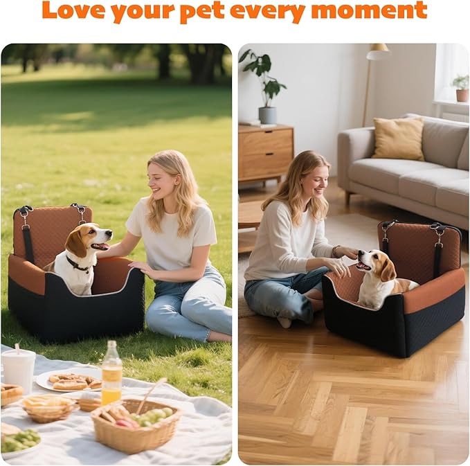 ALL GOOD PET SUPPLIES Dog Car Seat for Small/Medium Dogs Under 35lbs, Soft Booster Car Seat with Detachable Washable Cover and Cushion, Puppy Dog Car Bed, Black/Brown