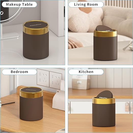 Countertop Trash Can with Lid for Desk Top,0.4 Gallon Stainless Steel Mini Trash Can for Desk、Car、Office、Kitchen,1.5L Swing Top Trash Bin with a Roll of Trash Bag(Brown)