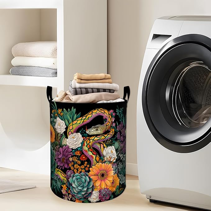 Vibrant Snake with Flowers and Succulents Laundry Basket with Handles, 19.7"x15.7" Clothes Foldable Laundry Hamper Organizer for Dorm Nursery Bedroom Bathroom Decor, Toy Storage Bin for Kids