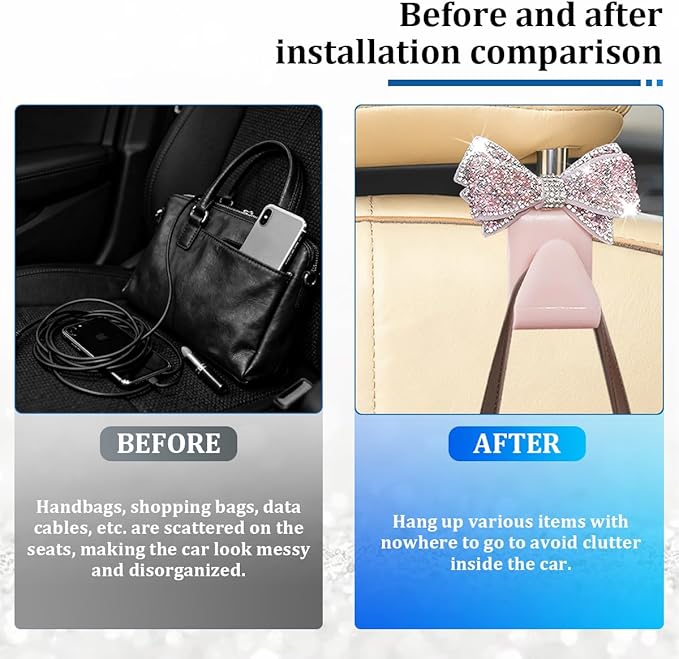 2PCS Bling Bow Car Seat Headrest Hook, Lovely Crystal Rhinestone Back Seat Storage Organizer for Handbag Purse Coat, Girly Sparkling Diamond Backseat Bag Hanger Holder, Universal Fit (Pink)