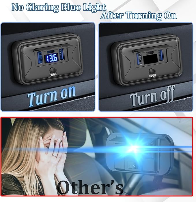 2 Pack 72W 12V USB Outlet Panel Wall Mount Qidoe Dual Quick Charger & 36W PD Surface Mount Car USB Port With Voltmeter Button Switch for Car Bus RV Truck