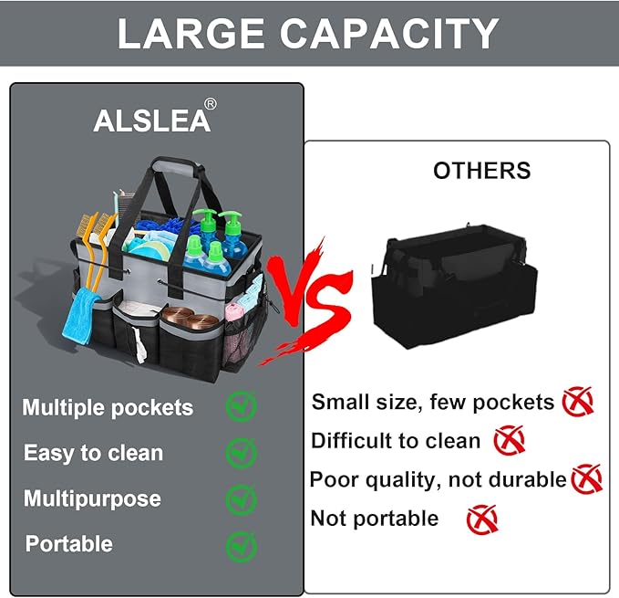 Large Cleaning Caddy Bag 15" x 10½" x 9" Heavy-Duty Organizer Tote for Home, Housekeepers, Janitors Cleaning Caddy for Cleaning Supplies with Shoulder Strap & Multiple Pockets (Gray)