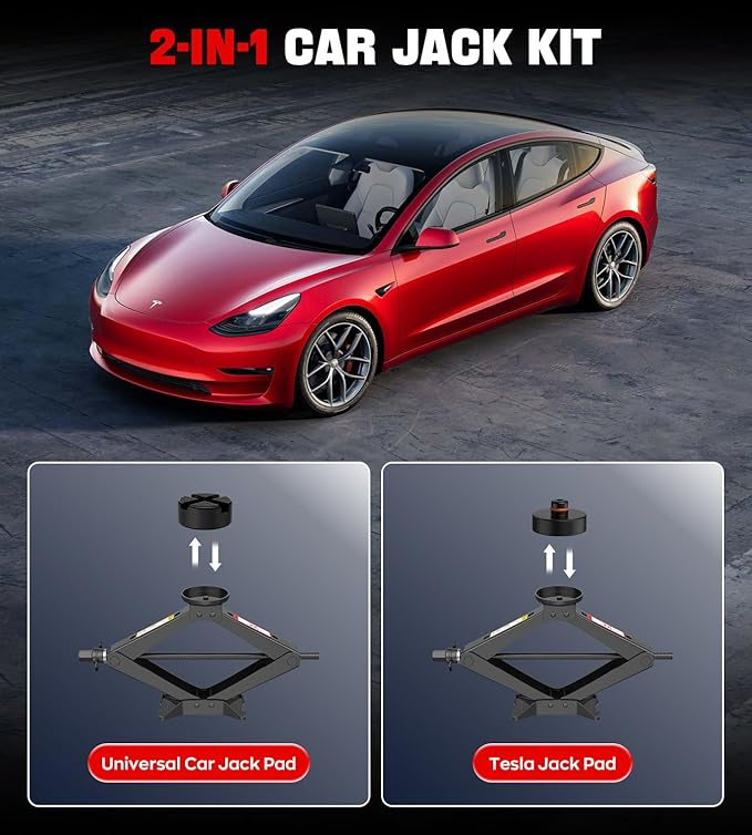 Scissor Jack for Car, 2.5 Ton Car Jack Kit for Tesla Model 3/Y/S/X, 2 in 1 Universal Tire Changing Kit with 2 Jack Pads & 2 Wrenches for Sedan, SUV, MPV