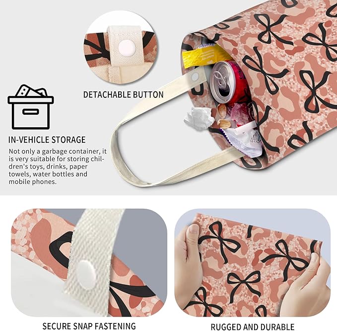 Cute Car Trash Can, Hanging Canvas Car Back Seat Organizer and Storage Bag, Funny Car Trash Bag for Travelling, Outdoor Cute Pink Black Bow