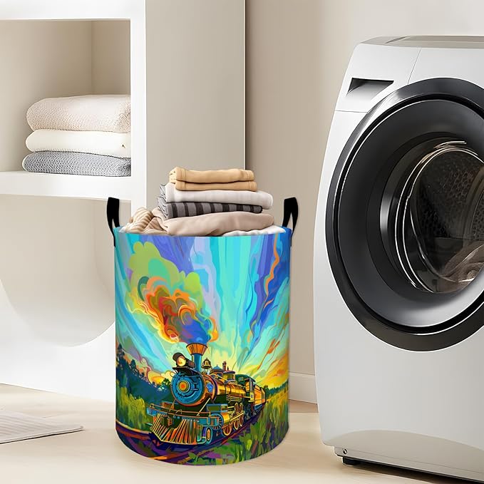 Colorful Retro Steam Train Laundry Basket with Handles, 19.7"x15.7" Clothes Foldable Laundry Hamper Organizer for Dorm Nursery Bedroom Bathroom Decor, Toy Storage Bin for Kids