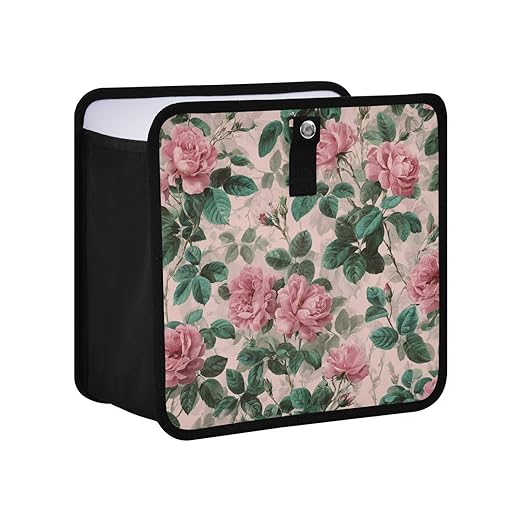 Car Trash Can Organizer Bin with Adjustable Strap for Back Front Seat Console Waterproof Leakproof Collapsible Portable 11 Inch Pink Vintage Roses with Leaves