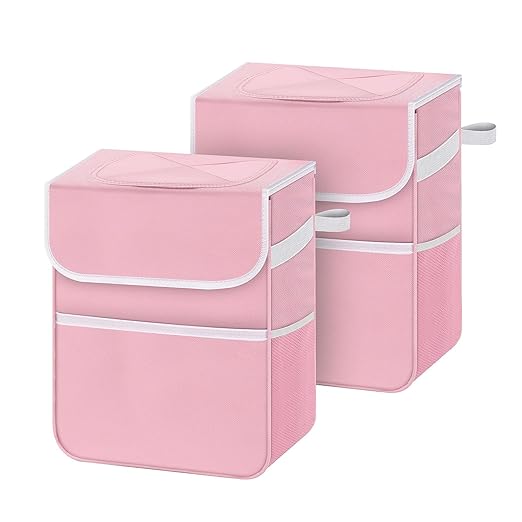 Simple Deluxe 2 Pack Car Trash Can, Multipurpose Bin with Lid and Storage Pockets, Collapsible Adjustable Straps and Portable Organizer, 2 Gallon, Pink