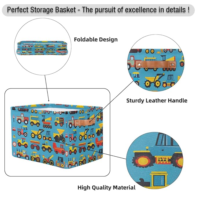 Cartoon Construction Storage Baskets for Organizing, Fabric Collapsible Storage Bins Box Cars Tractors Bulldozers Decorative Toy Organizer Baskets for Closet Shelves Gift Basket 2Pcs