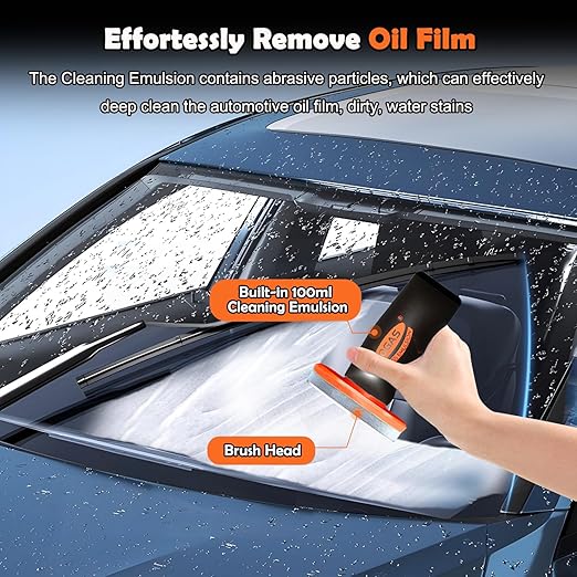 Glass Oil Film Remover for Car Windowshield, Windows & Rearview Mirror - Auto Glass Emulsion Cleaner Kit, Remove Grease, Road Grime, Water Sport, Reduce Glare Improve Visibility for Safe Driving