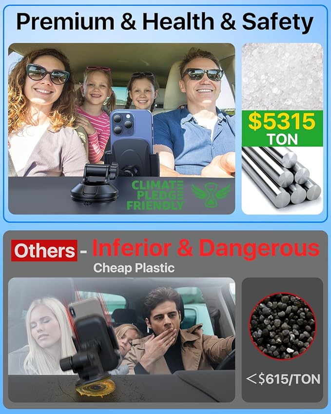 HTU [2026 True Military-Grade] Car Phone Holder [Upgraded Strongest Suction & Clip] Cell Phone Mount for Dashboard Windshield Vent,Truck Cradle Stand for iPhone 16 Pro Max Samsung Android (Black)