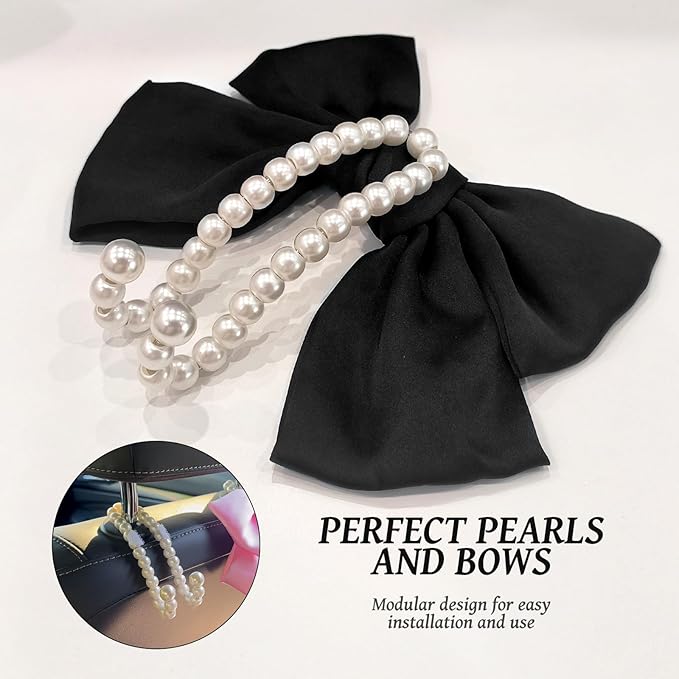 2 PCS Bow Pearl Car Seat Headrest Hook – Cute Purse Hook for Car, Girly Interior Decoration Accessories Hook Hanger, Seatback Holder for Purses & Bags, Elegant Car Organizer (Black)