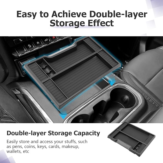 LUWU Center Console Organizer Compatible with 2019-2022 Chevy Silverado/GMC Sierra 1500 & 2020-2023 Chevy Silverado/Sierra 2500HD 3500HD Accessories, 2-Pack Black (ONLY for Full Console w/Bucket Seat)