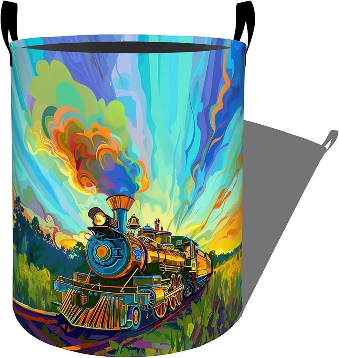 Colorful Retro Steam Train Laundry Basket with Handles, 19.7"x15.7" Clothes Foldable Laundry Hamper Organizer for Dorm Nursery Bedroom Bathroom Decor, Toy Storage Bin for Kids
