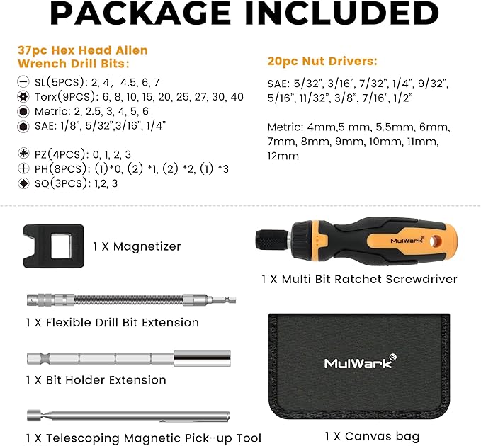 MulWark 63PC Magnetic Ratcheting Screwdriver Bit Set – Multibit Screw Driver with Screwdriver Bits Slotted, Torx, Hex, Pozi, Philips, Square; Nut Driver Set for SAE and Metric – Christmas Gift