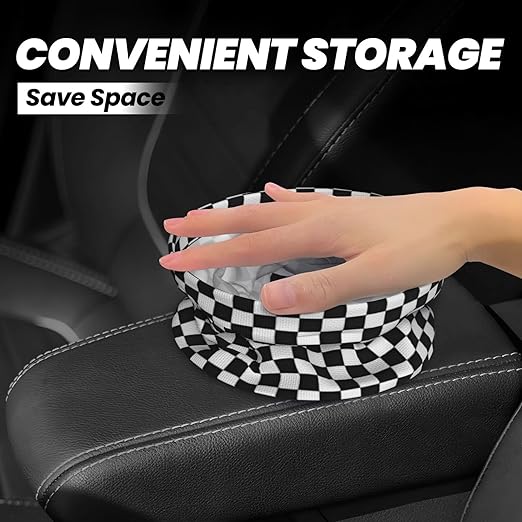 Car Trash Bag Chessboard Hanging Back of Seat Car Portable Trash Bag Chessboard Waterproof One-Handed Portable Strap Drawstring Garbage Bags with 2 Pieces Car Coasters