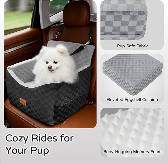 Dog Car Seat Booster for Small Medium Dogs up to 35 lbs - Elevated Memory Foam Pet Booster Seat with Detachable Washable Cover, Safety Tether, Storage Pockets (Grey, Medium)