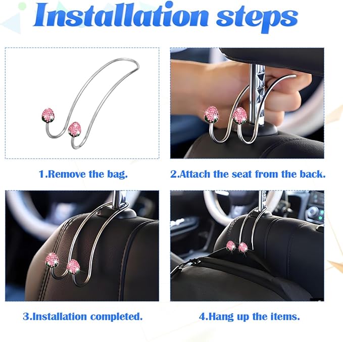 BESULEN Strawberry Car Decor Hooks, 2 Pack Bling Diamond Seat Back Organizers, Auto Headrest Storage Hangers Hooks for Purse Handbag Clothes Grocery, Universal Car Accessories for Women (Red)