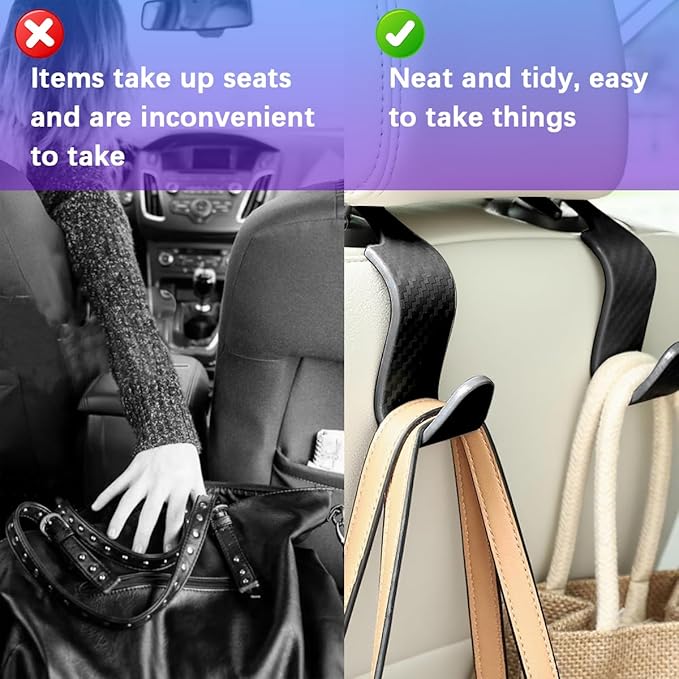 Car Seat Headrest Hooks, 4PCS Carbon Fiber Vehicle Back Seat Storage Hanger Holder for Hangbag Coat Grocery, Automotive Interior Headrest Hook Organizer, Universal for Vehicles (Black)